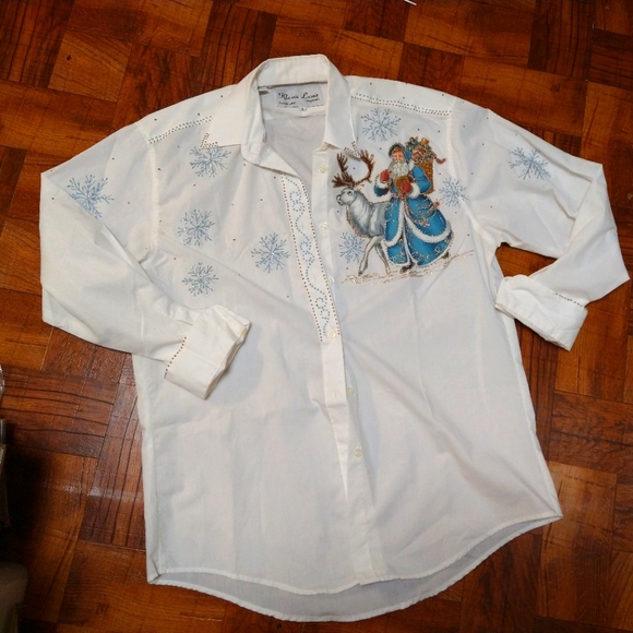 Vintage Christmas Santa Deer Snowflake Glittery White Button Up Blouse Women's S - Picture 2 of 7